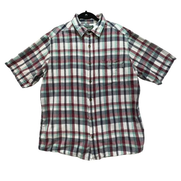 Woolrich Mens Plaid Short Sleeve Button-Up Shirt L Burgendy Green - Picture 1 of 14